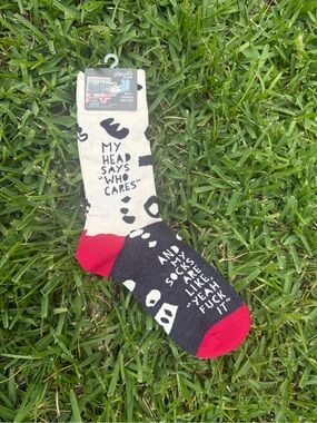 Blue Q Beige, Black & Red Novelty Crew Socks with Bold Text